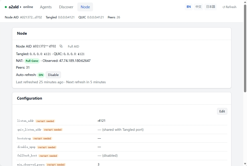 Node — Node runtime status and network connection view